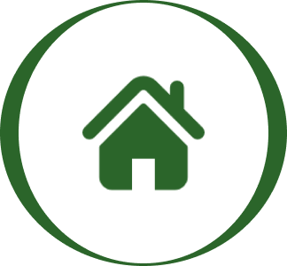 Green house icon inside circular border.