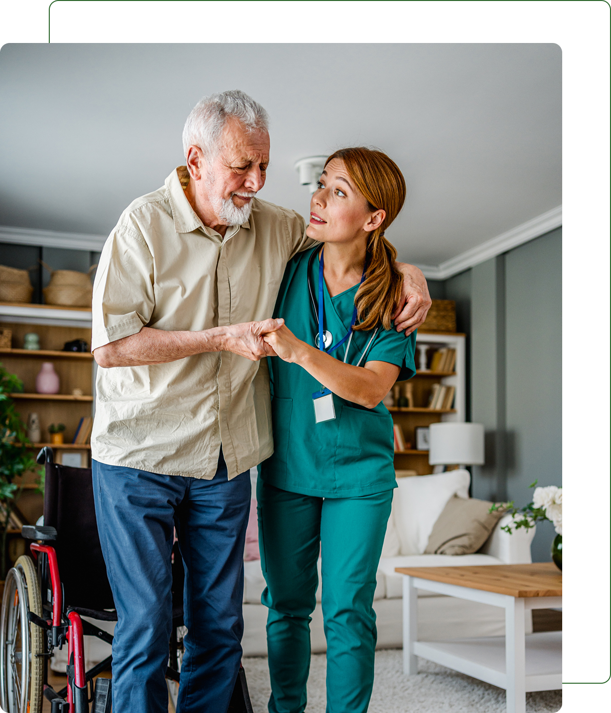 Elderly man assisted by nurse at home.