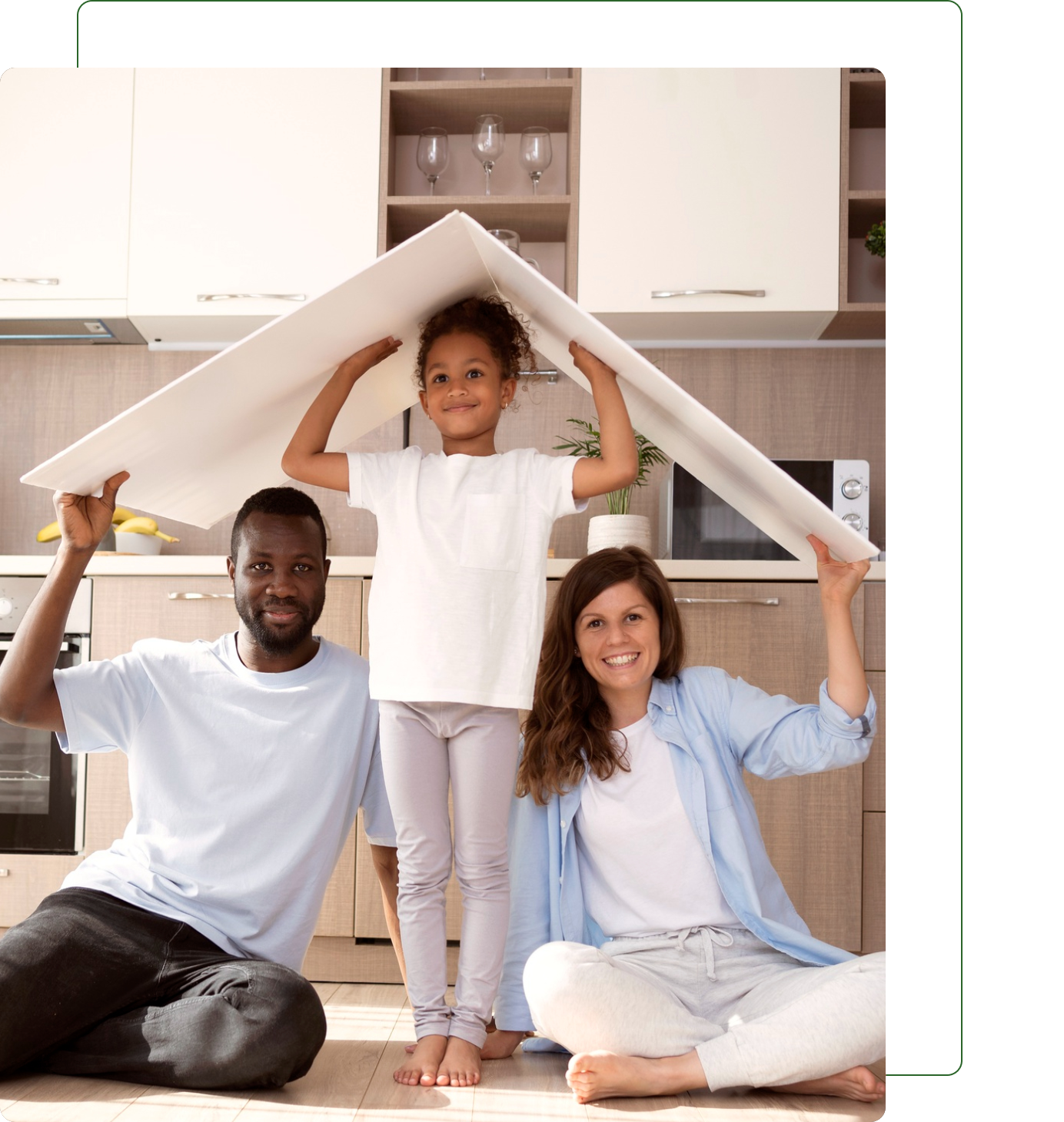 Happy family playing with a floor mat in their cozy living room.