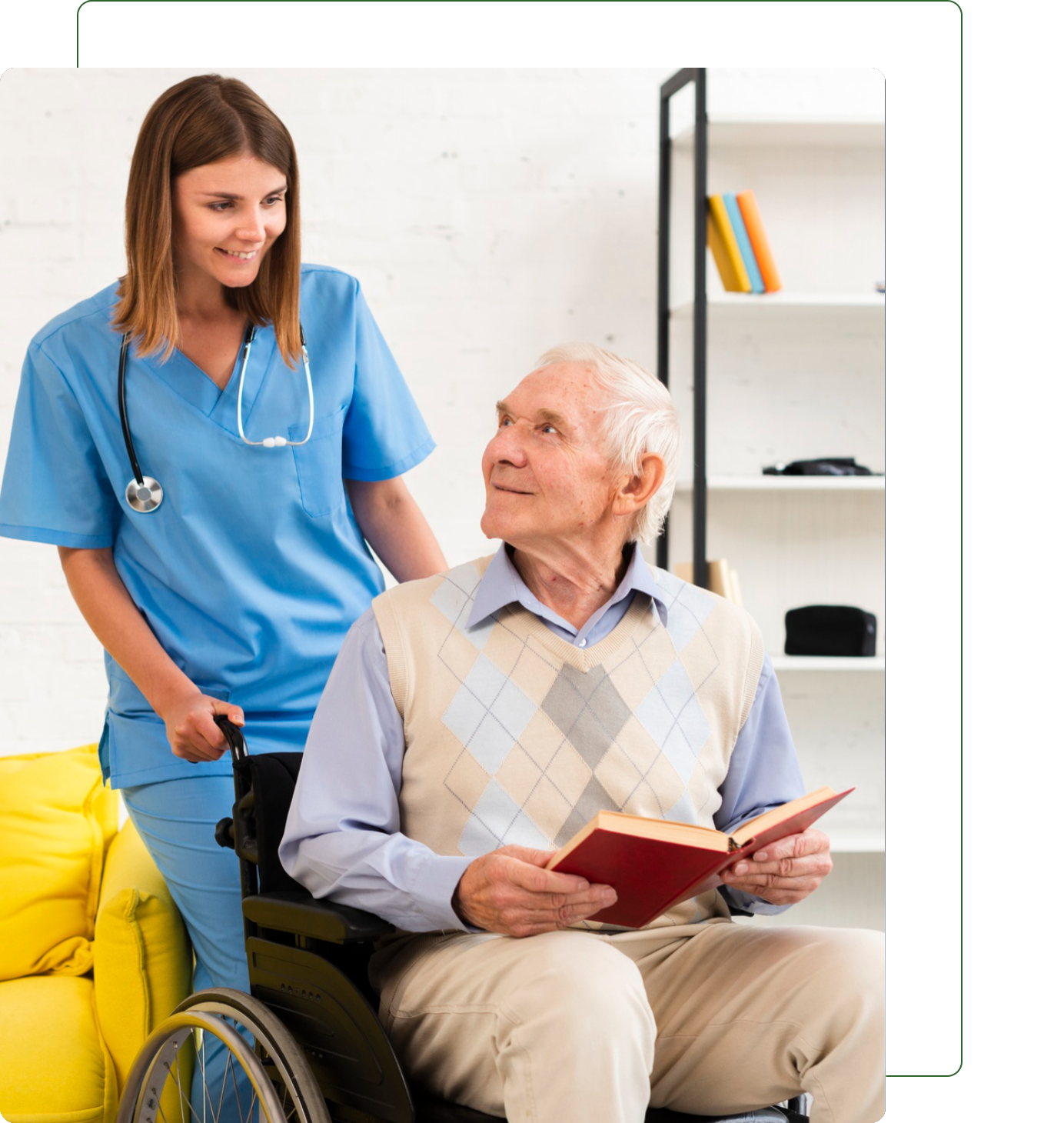 A nurse attentively assisting an elderly man in a wheelchair.